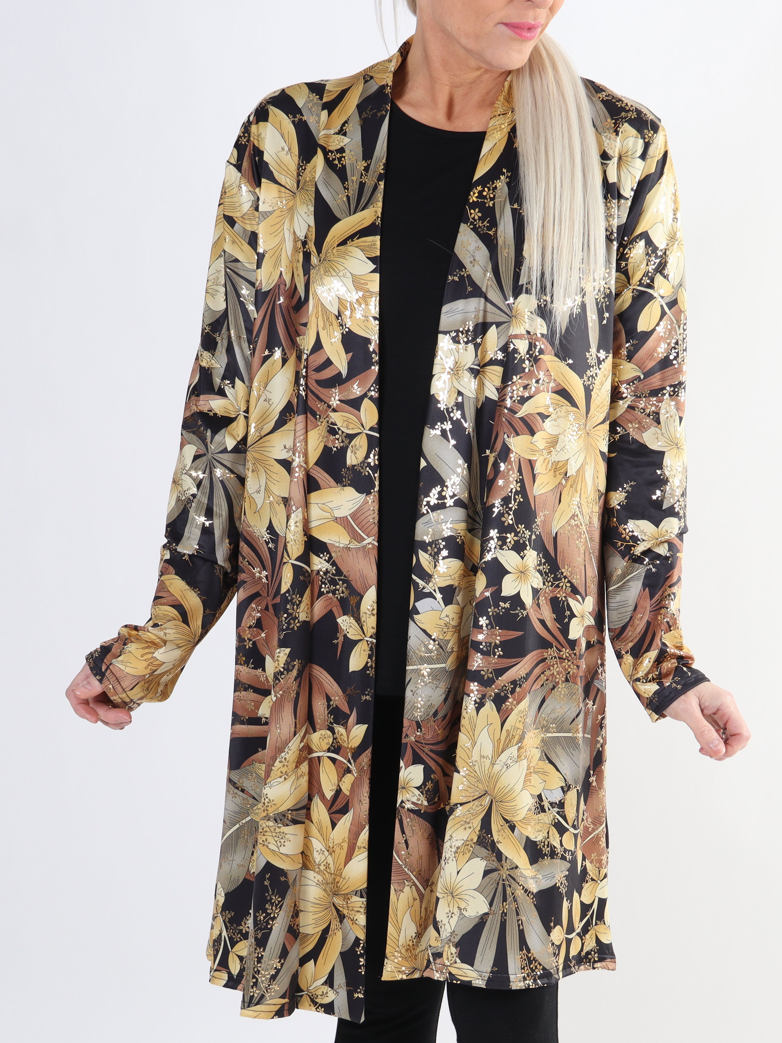 Rosa Gold Flower - Elastisk plus size cardigan med tryck